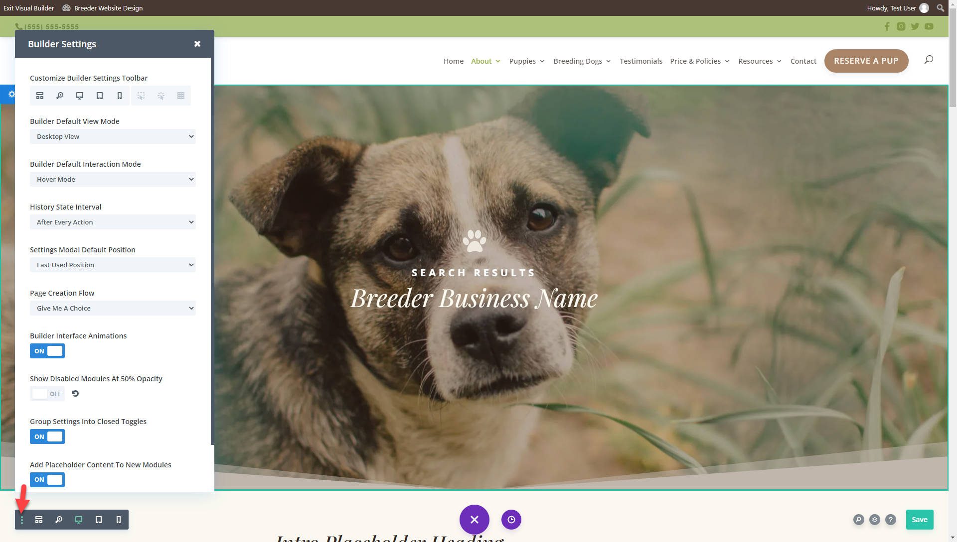 Turnkey Dog Breeding Websites page Builder Settings Screenshot