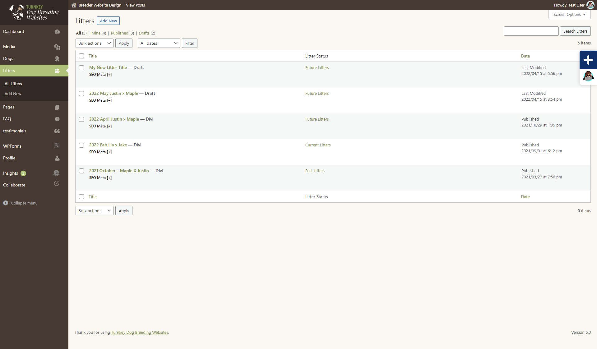 Turnkey Dog Breeding Websites Litters dashboard screenshot