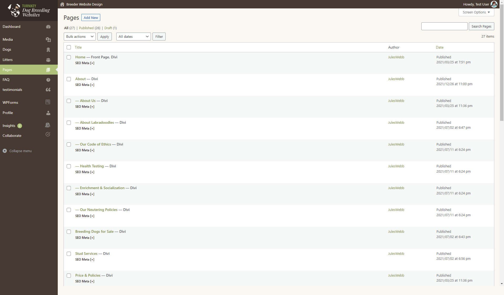 Turnkey Dog Breeding Websites Pages dashboard screenshot