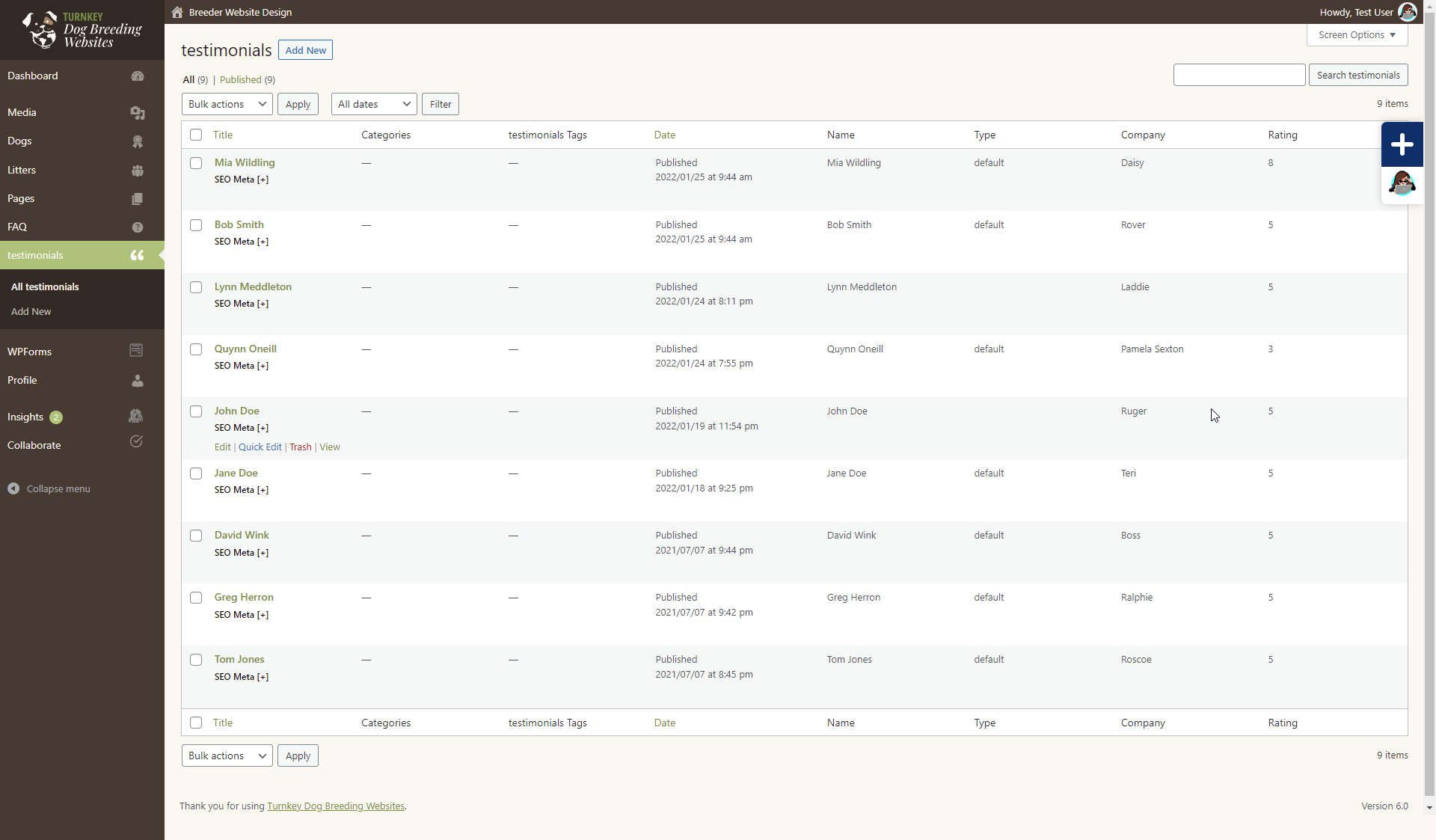Turnkey Dog Breeding Websites Testimonials dashboard screenshot