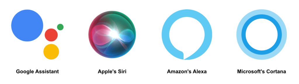 Logos for Voice Search Services Google Assistant, Siri, Alexa, Cortana