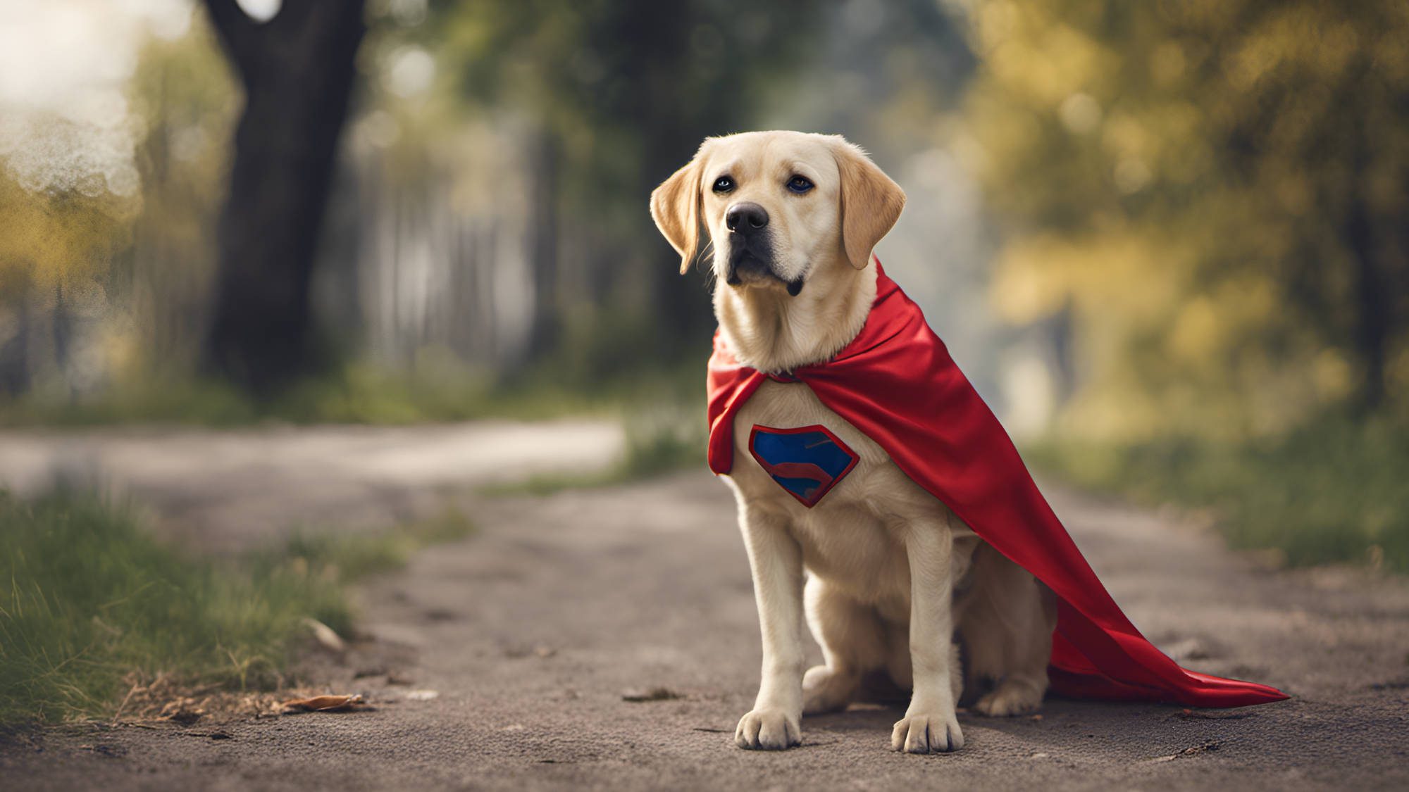Yellow Lab sitting on a path wearing a superhero cape and emblem on his chest. Created by AI
